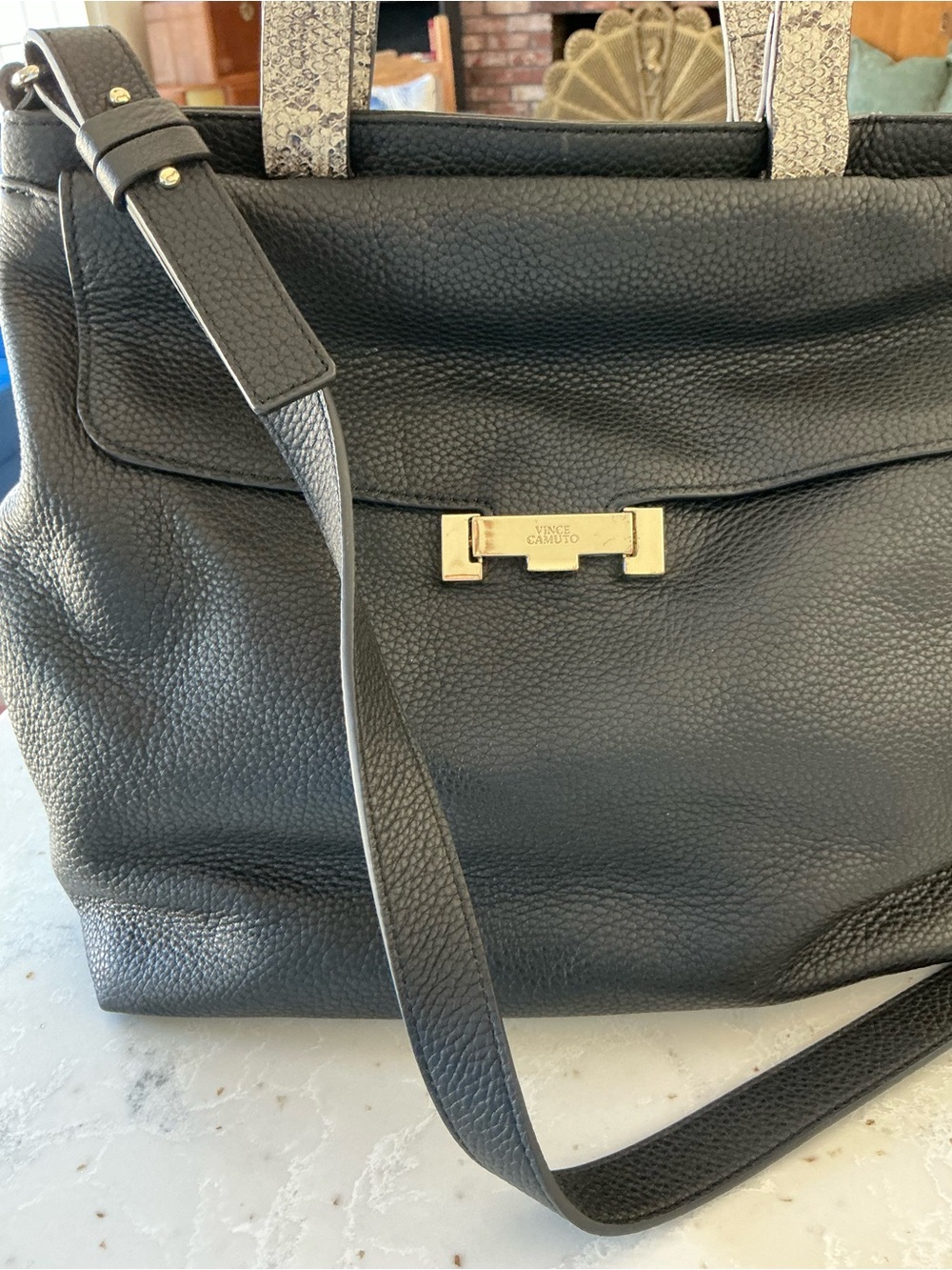 Vince Camuto Black Pebbled Leather Flap Tote Snakeskin Handles Dust Bag EUC
